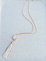 Matte Gold Rainbow Druzy Quartz Tassel Pendant Long Necklace