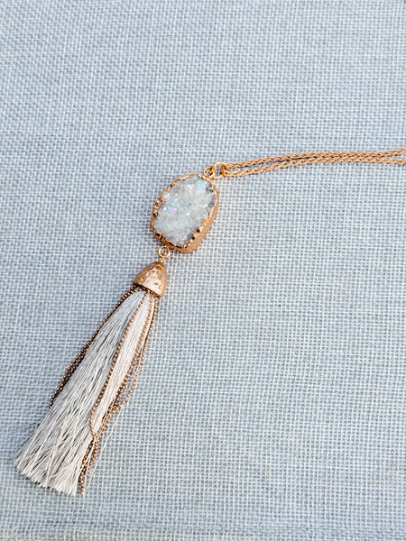 Matte Gold Rainbow Druzy Quartz Tassel Pendant Long Necklace