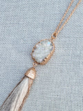 Matte Gold Rainbow Druzy Quartz Tassel Pendant Long Necklace